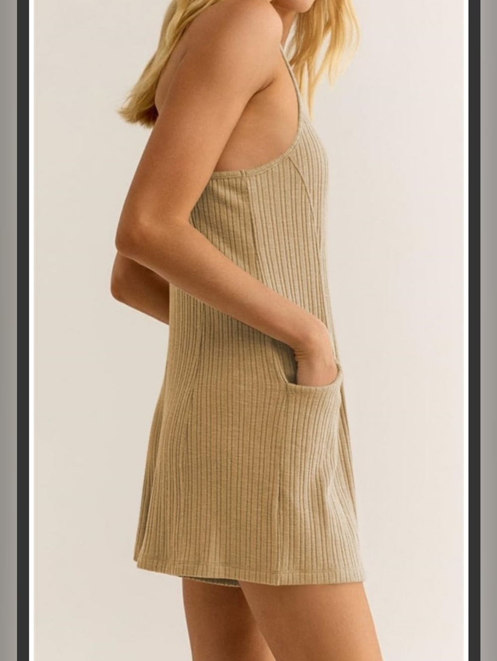 Sleeveless Ribbed Henley Romper in Tan - Picture 2 of 3